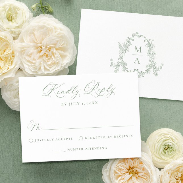 Elegant Sage Green Victorian Floral Wedding RSVP Karte (Von Creator hochgeladen)