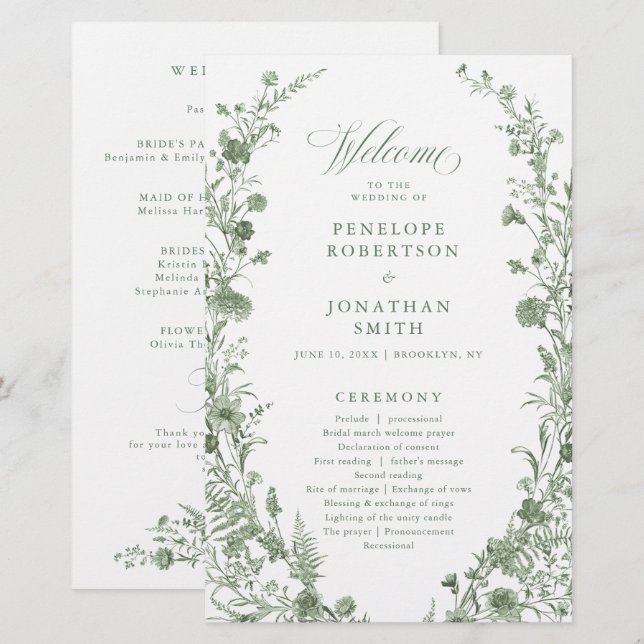 Elegant Sage Green Vintage Floral Wedding Program (Vorne/Hinten)