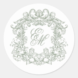 Elegant Sage Green Vintage Monogram Crest Wedding Runder Aufkleber
