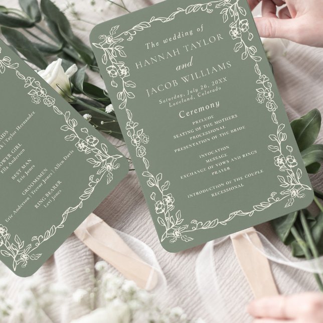 Elegant Sage Green Vintage Wedding Program Fächer (Von Creator hochgeladen)