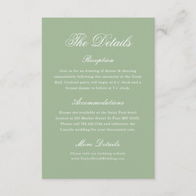 Elegant Sage Green Wedding Details Tradition Begleitkarte (Vorderseite)