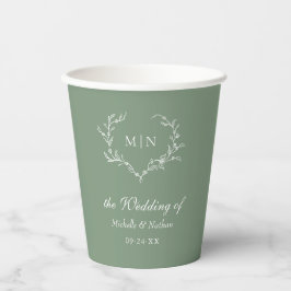 Elegant Sage Green Wedding Monogram Wreath Pappbecher