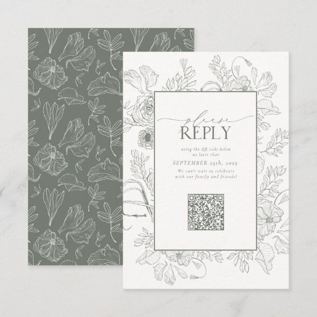 Elegant Sage Green Wedding QR Code Bitte beantwort RSVP Karte (Vorne/Hinten)