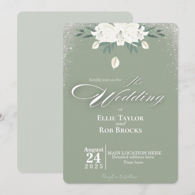 Elegant Sage Green White Floral Wedding Invitation Einladung (Vorne/Hinten)