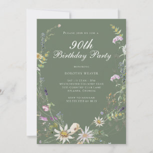 Elegant Sage Green Wildblume 90. Geburtstagsparty Einladung