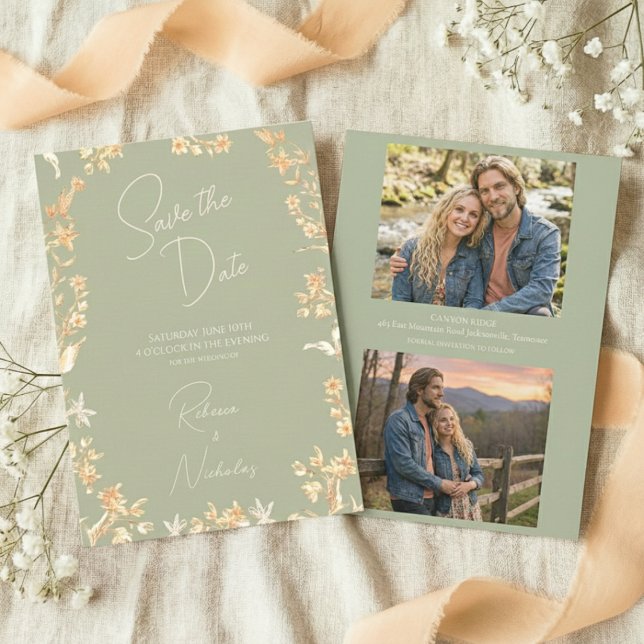 Elegant Sage Ivory Script Wildflowers 2 Photo Save The Date (Von Creator hochgeladen)