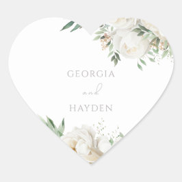 Elegant Sage Leaf & White Floral Wedding Herz-Aufkleber