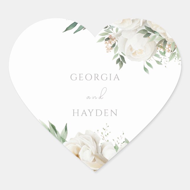 Elegant Sage Leaf & White Floral Wedding Herz-Aufkleber (Vorderseite)