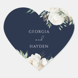 Elegant Sage Leaf & White Floral Wedding Navy Herz-Aufkleber