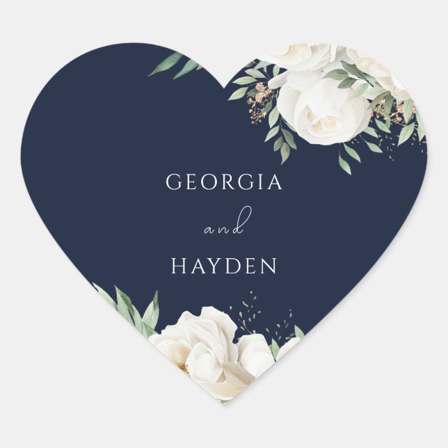 Elegant Sage Leaf & White Floral Wedding Navy Herz-Aufkleber (Vorderseite)