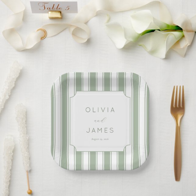 Elegant Sage Stripes Pappteller (Hochzeit)