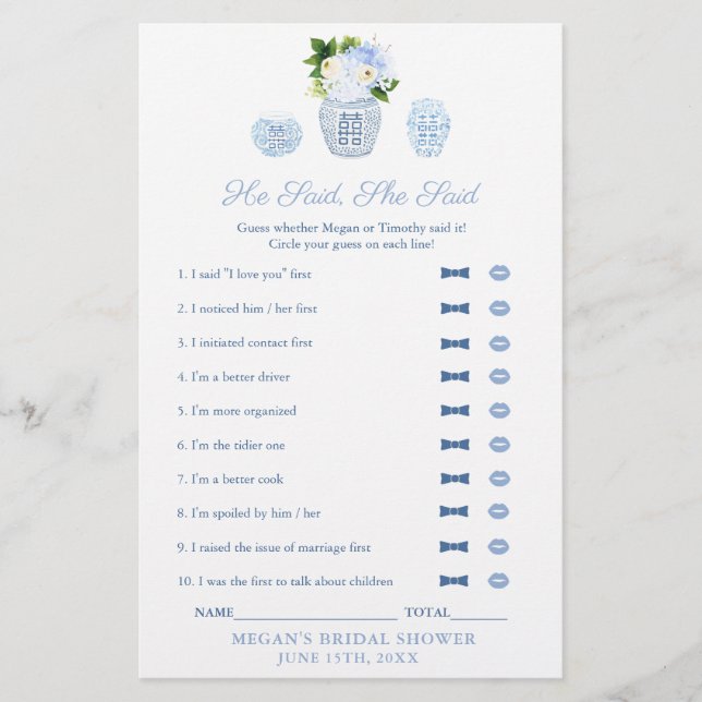 Elegant sagte er, sie sagte Brautparty-Spielkarte (Vorderseite)