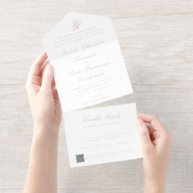 Elegant Sandy Neutral QR Code Traditional Wedding All-in-One-Einladung (Abreißstreifen)