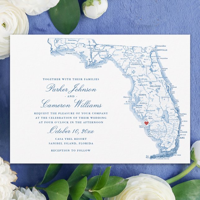 Elegant Sanibel Island Florida Map Wedding Einladung (Elegant Sanibel Island Florida Wedding Invitations in navy blue from Coastal Map Designs)