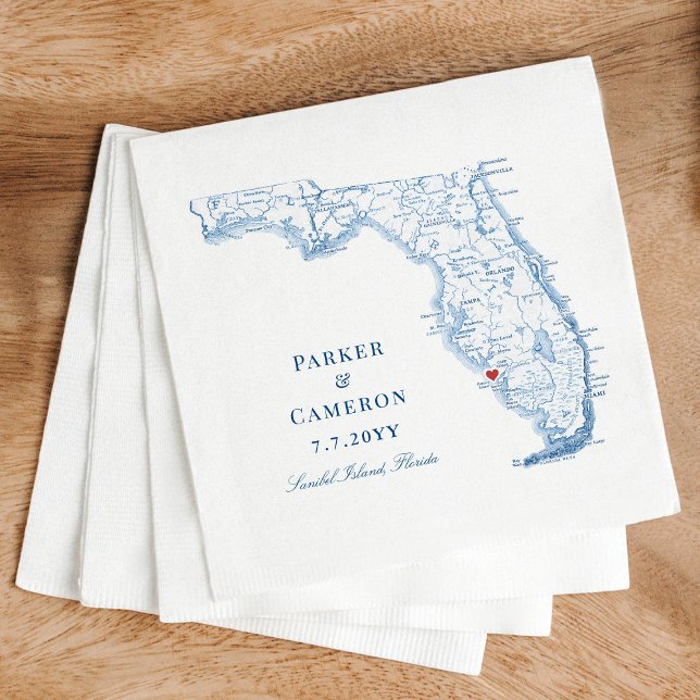 Elegant Sanibel Island Florida Map Wedding Serviette (Elegant Sanibel Island Florida map Wedding Napkins in navy blue from Coastal Map Designs)