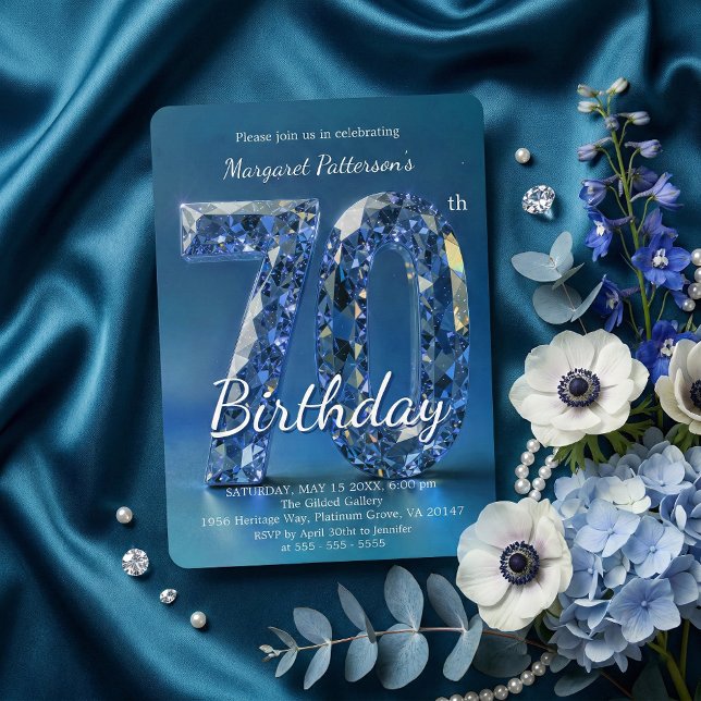 Elegant Sapphire Blue Diamond 70th Birthday Einladung (Von Creator hochgeladen)