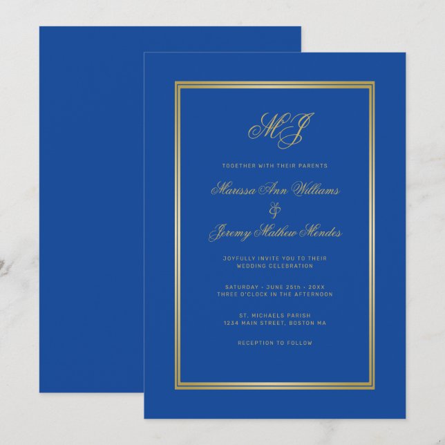 Elegant Sapphire Blue Gold Monogram Script Wedding Einladung (Vorne/Hinten)