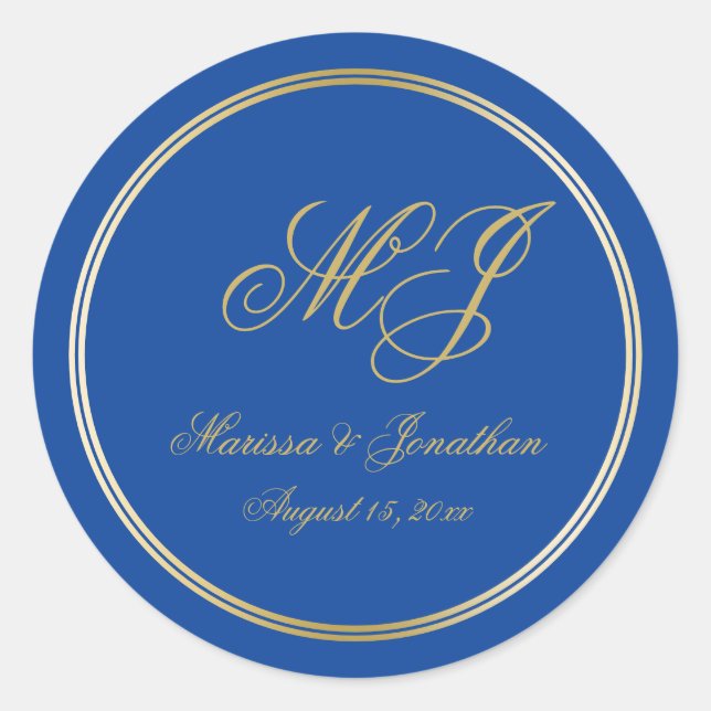 Elegant Sapphire Blue Gold Monogram Script Wedding Runder Aufkleber (Vorderseite)