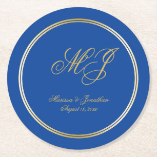 Elegant Sapphire Blue Gold Monogram Script Wedding Runder Pappuntersetzer