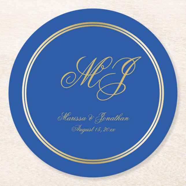 Elegant Sapphire Blue Gold Monogram Script Wedding Runder Pappuntersetzer (Vorderseite)