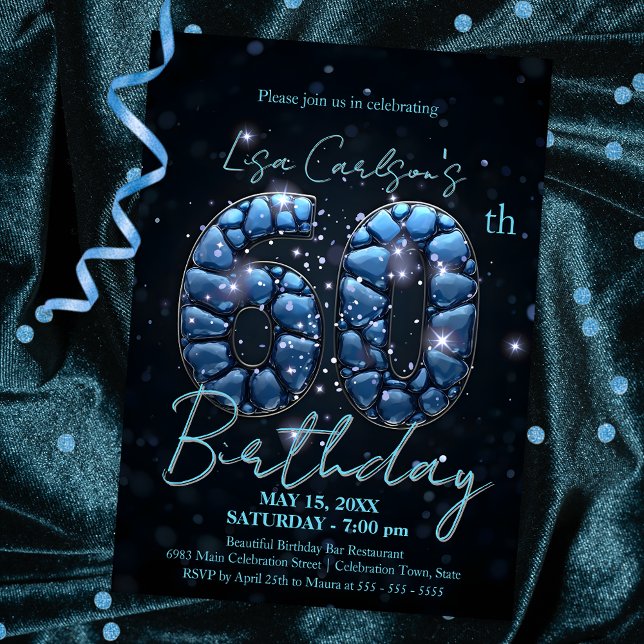 Elegant Sapphire Blue und Black 60. Geburtstag Einladung (Von Creator hochgeladen)