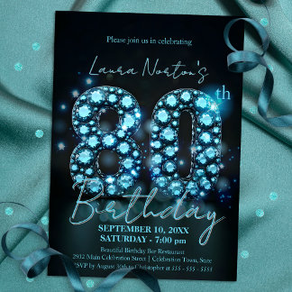 Elegant Sapphire Blue und Black 80. Geburtstag Einladung