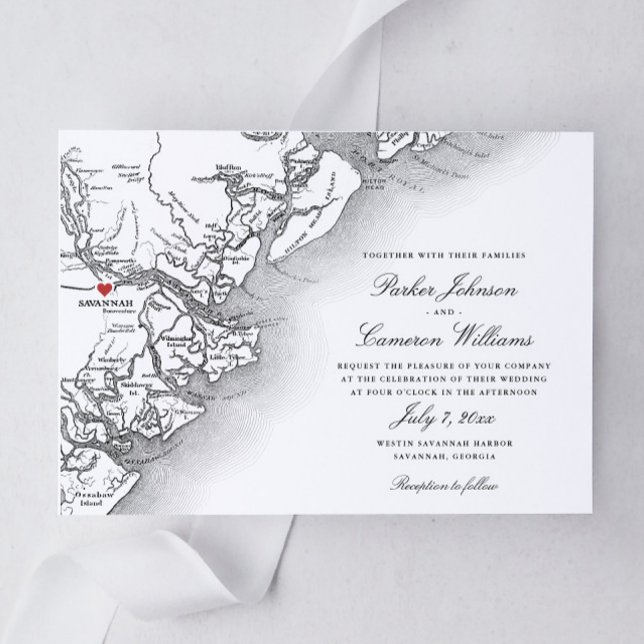 Elegant Savannah Georgia Carte noir blanc Mariage (Elegant Savannah Georgia Map wedding invitation with classic black and white script typography)