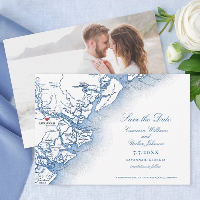 Elegant Savannah Georgia Wedding Navy Map Save The Date (Elegant Savannah Georgia Map Save the Dates with classic navy typography and photo from Coastal Map )