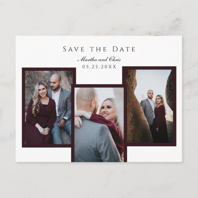 Elegant Save the Date 3 Foto Collage Red Chic Ankündigungspostkarte (Vorderseite)
