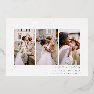 Elegant Save the Date 3 Foto Minimalistisch Silber Folieneinladung