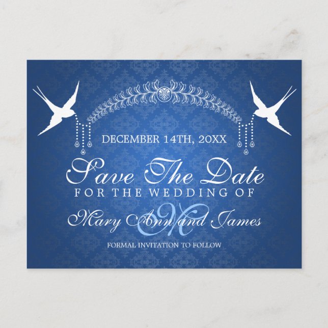 Elegant Save the Date Birds Monogram Blue Ankündigungspostkarte (Vorderseite)