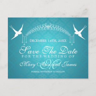 Elegant Save the Date Birds Monogram Türkis Ankündigungspostkarte