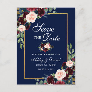 Elegant Save-the-Date Burgund Weinrot Blau Gold Ankündigungspostkarte