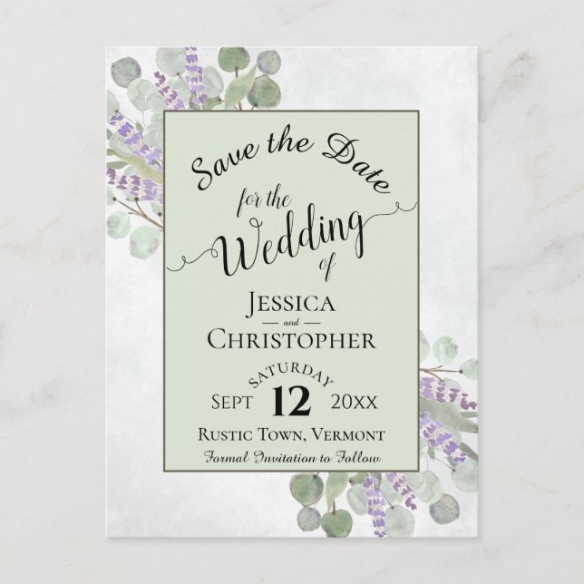 Elegant Save the Date Eucalyptus & Lavender Green Ankündigungspostkarte (Vorderseite)