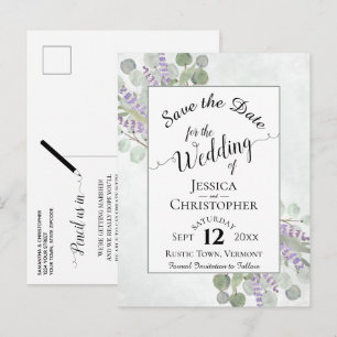 Elegant Save the Date Eucalyptus & Lavender White Ankündigungspostkarte