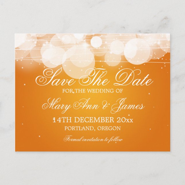 Elegant Save the Date Glow & Sparkle Orange Ankündigungspostkarte (Vorderseite)