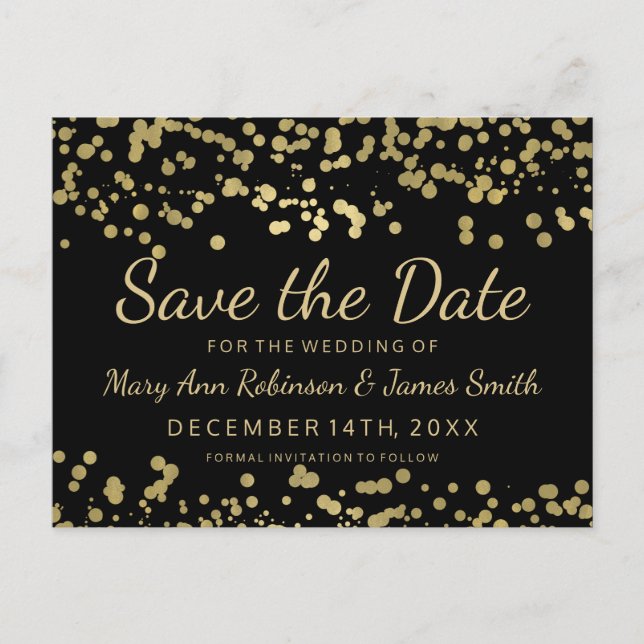 Elegant Save the Date Gold Foil Look Confetti Ankündigungspostkarte (Vorderseite)
