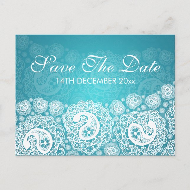 Elegant Save the Date Paisley Lace Blue Ankündigungspostkarte (Vorderseite)