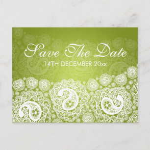 Elegant Save the Date Paisley Lace Lime Green Ankündigungspostkarte