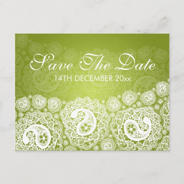 Elegant Save the Date Paisley Lace Lime Green Ankündigungspostkarte (Vorderseite)