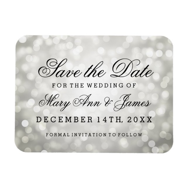 Elegant Save the Date Silver Glitzer Lights Magnet (Horizontal)