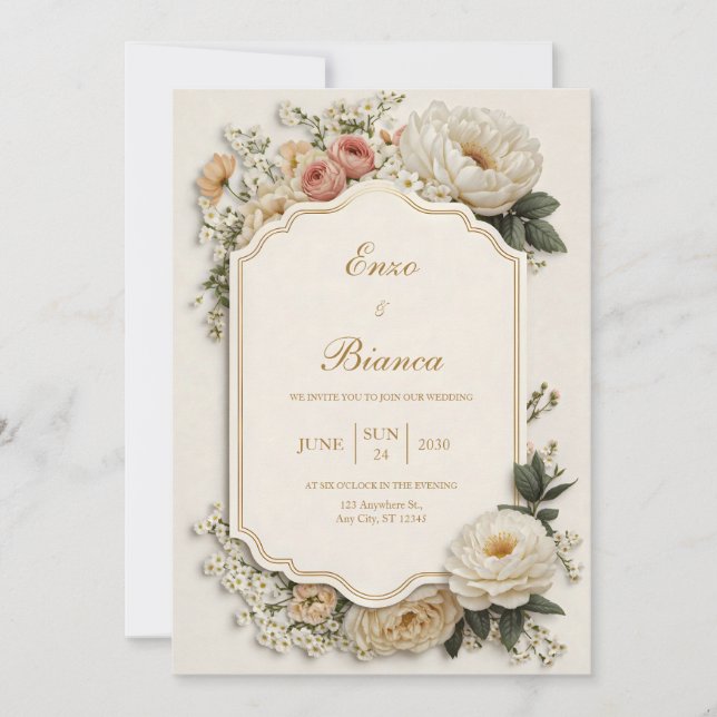 Elegant Scalloped Blush Peony Floral Wedding Einladung (Vorderseite)