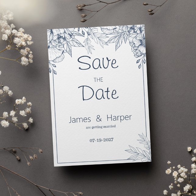 Elegant-schick-weiß-grau-blau Save the Date Einladung (Elegant chic white gray blue floral Save the Date)