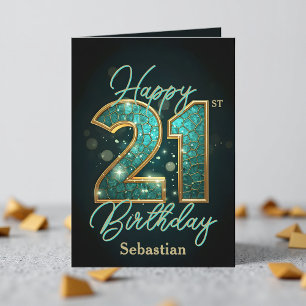Elegant schimmernd Aquamarin und Gold 21. Geburtst Karte