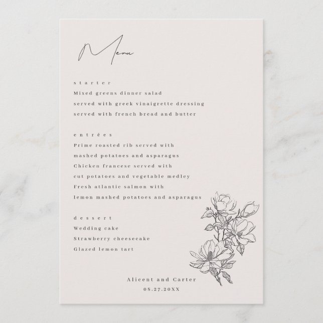 Elegant schlicht mit Line Art Blume & Border Menükarte (Vorderseite)