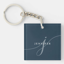 Elegant Schlicht Navy Blue Script Monogram Schlüsselanhänger