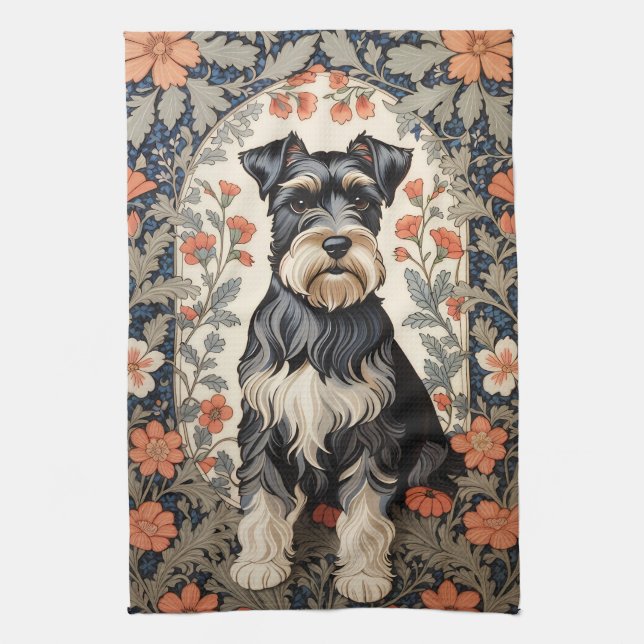 Elegant Schnauzer William Morris Inspired Floral Geschirrtuch (Vertikal)