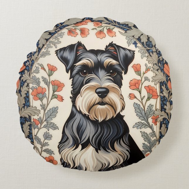 Elegant Schnauzer William Morris Inspired Floral Rundes Kissen (Vorderseite)