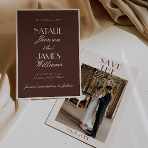 Elegant Schokoladenbraun Old Money Foto Hochzeit Save The Date