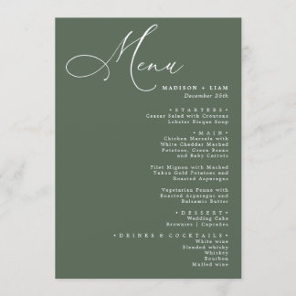 Elegant Schöne Kalligrafie Hochzeitgrün Menükarte
